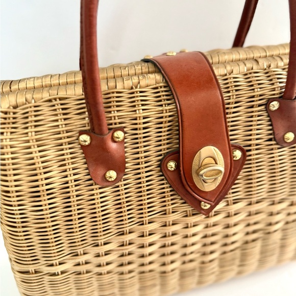 Vintage Marchioness 50s Woven Basket Top Handle Purse Bag Leather Turn Lock - Picture 2 of 11